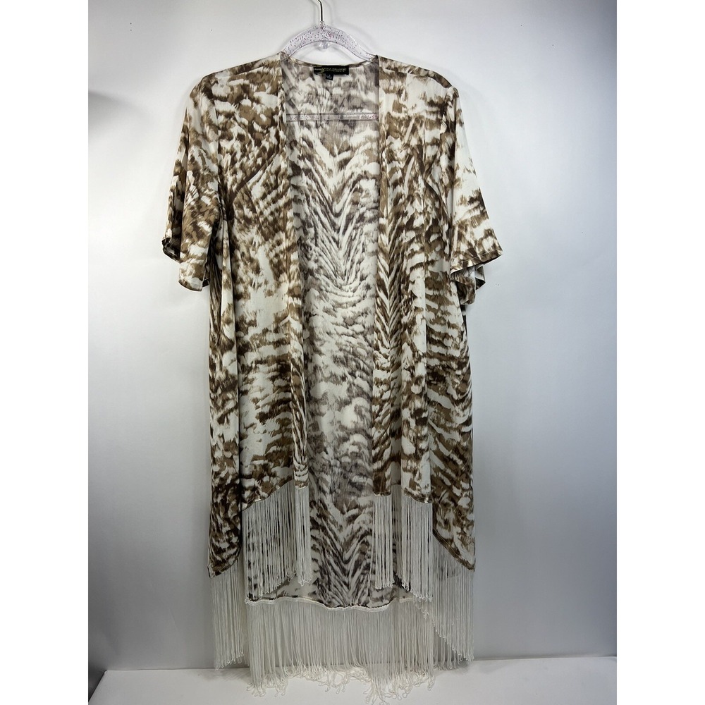 Serena Williams Signature Statement Open Shawl Top Womens Sz S Fringe Brown & Wh